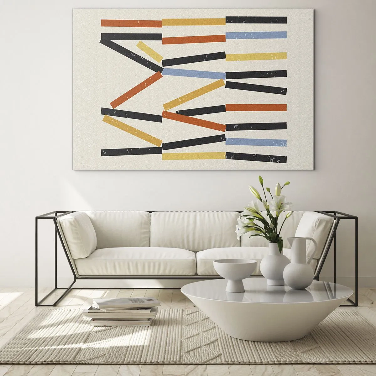 Billede på glas - Farverig abstraktion af vandrette og diagonale striber på en lys baggrund - 70x50cm - Vandret komposition - Moderne vægdekoration til stue og soveværelse ARTTOR