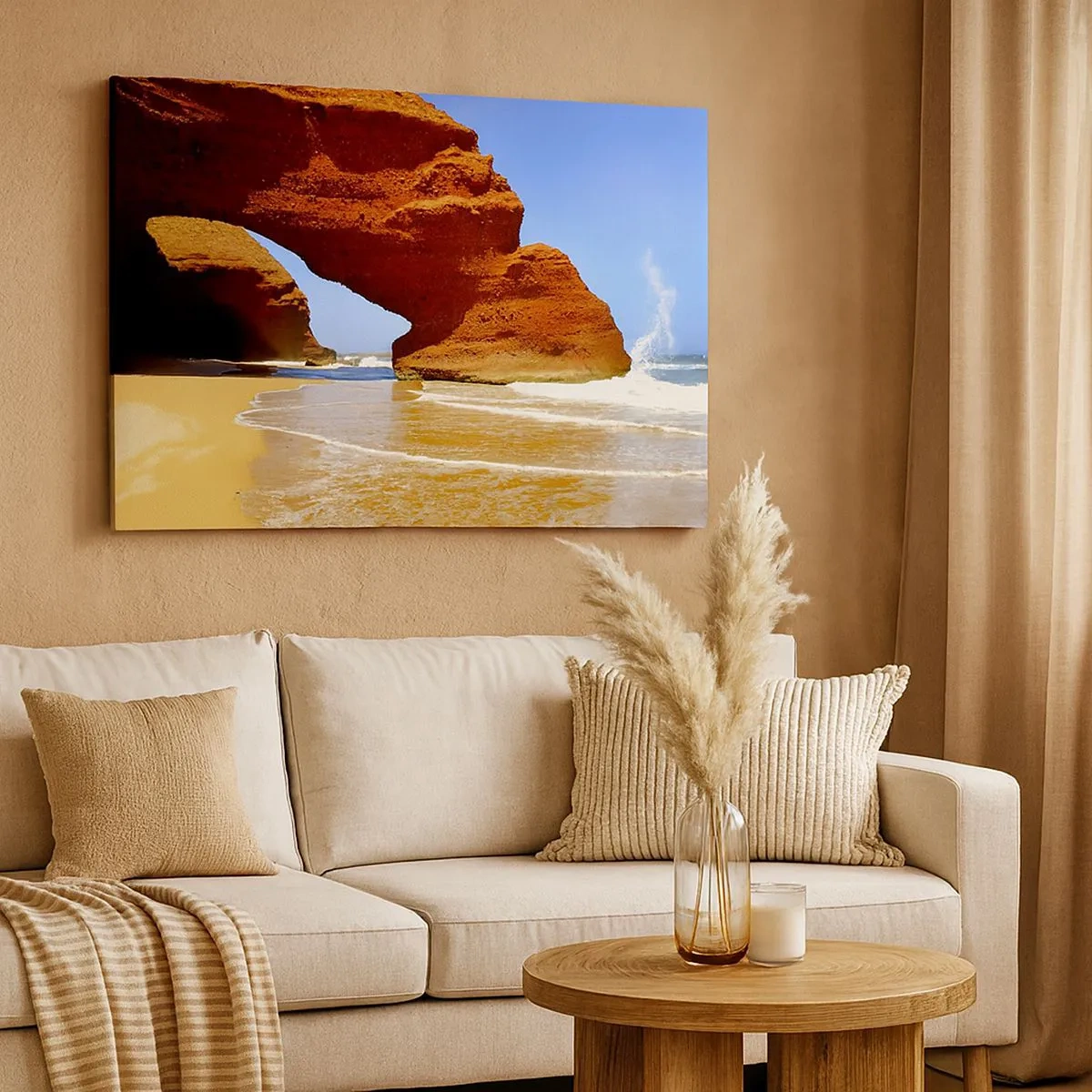 Lærredstryk - Billede på lærred - En naturlig klippebue på en strand med blå himmel og bølger - 70x50cm - Vand og vind i tusindvis af år - Moderne vægdekoration til stue og soveværelse ARTTOR