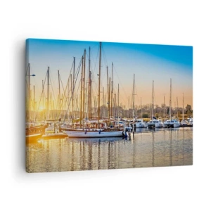 Lærredstryk - Billede på lærred - Solnedgang over en marina fuld af sejlbåde - 70x50cm - Vinden skal også sove - Moderne vægdekoration til stue og soveværelse ARTTOR
