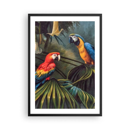 Plakat i sort ramme - Tropiske papegøjer omgivet af frodig vegetation - 50x70cm - Romantik i troperne - Moderne vægdekoration til stue og soveværelse ARTTOR