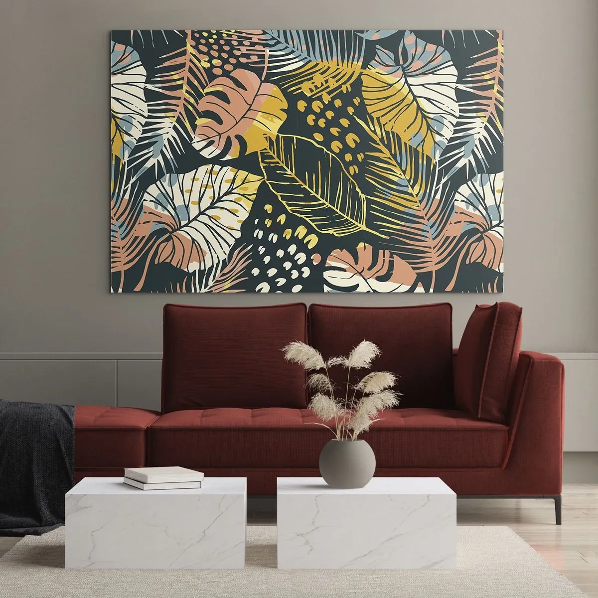 Billede på glas - Et mønster af tropiske blade i livlige farver, fulde af energi og eksotisme. - 70x50cm - Løvrig fantasi - Moderne vægdekoration til stue og soveværelse ARTTOR