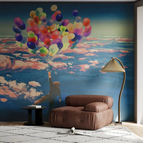 Fototapet Selvklæbende Deluxe Sticker - En barndomsdrøm, der går i opfyldelse - For børn, Farverige balloner, Abstraktion - 100x70 cm