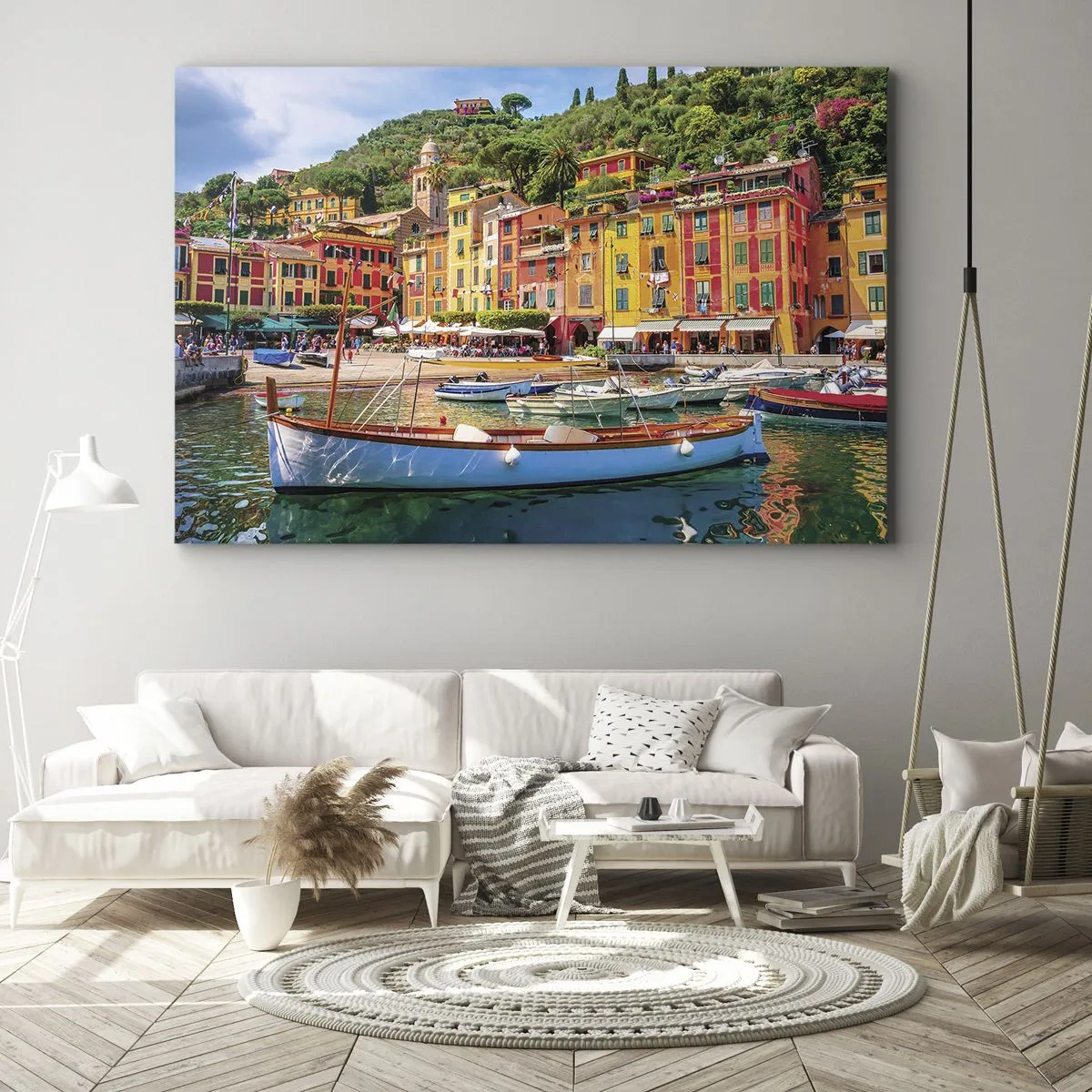 Lærredstryk - Billede på lærred - Farverige rækkehuse og både i en italiensk kystby - 70x50cm - En italiensk morgen - Moderne vægdekoration til stue og soveværelse ARTTOR