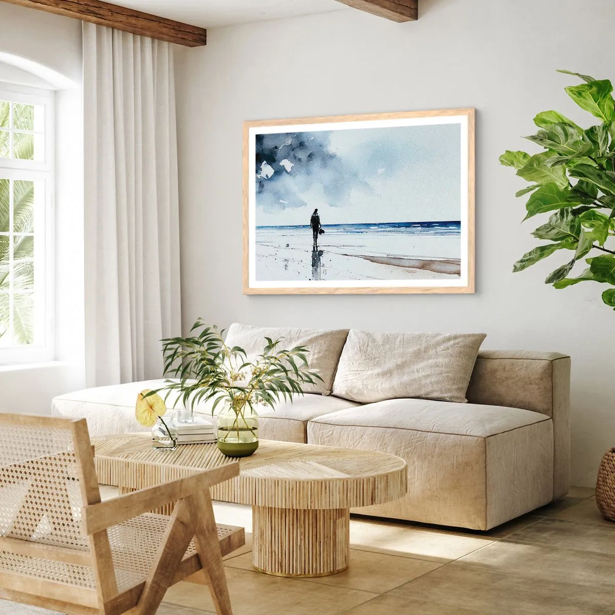 Plakat i ramme af lyst egetræ - Samtale med havet - 70x50 cm