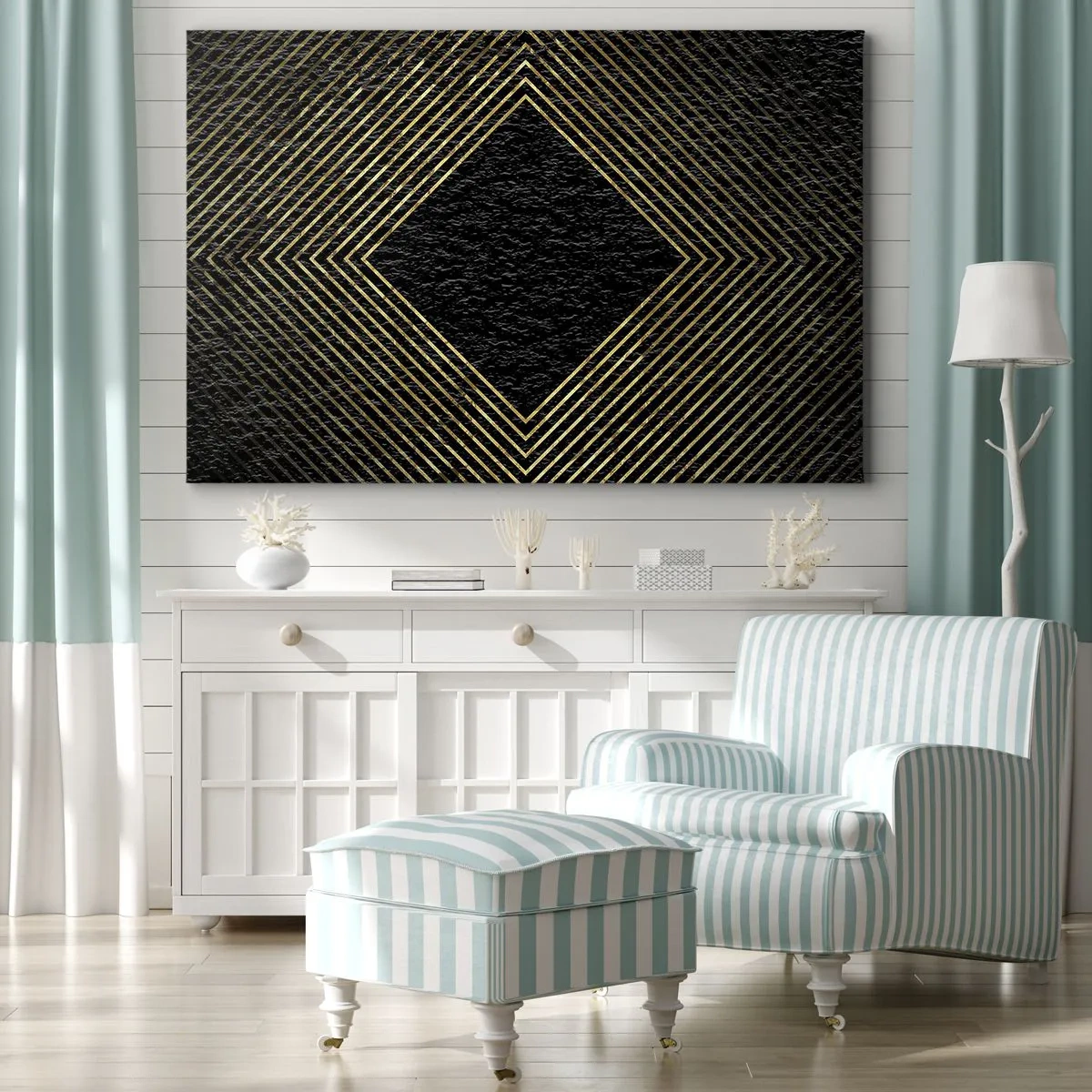 Lærredstryk - Billede på lærred - Sort baggrund med et geometrisk mønster af gyldne linjer - 70x50cm - Geometri i glamour-stil - Moderne vægdekoration til stue og soveværelse ARTTOR
