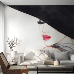 Fototapet Selvklæbende Deluxe Sticker - Elegance og sensualitet - Kvinde, røde læber, Sort hat - 100x70 cm
