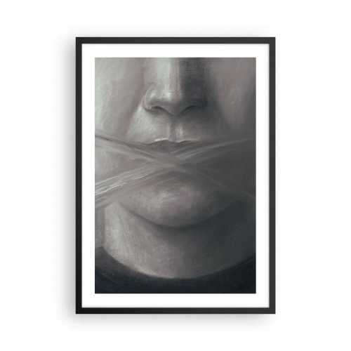 Plakat i sort ramme - Et symbolsk ansigt med en tildækket mund i monokromatiske farver. - 50x70cm - Ikke et ord - Moderne vægdekoration til stue og soveværelse ARTTOR