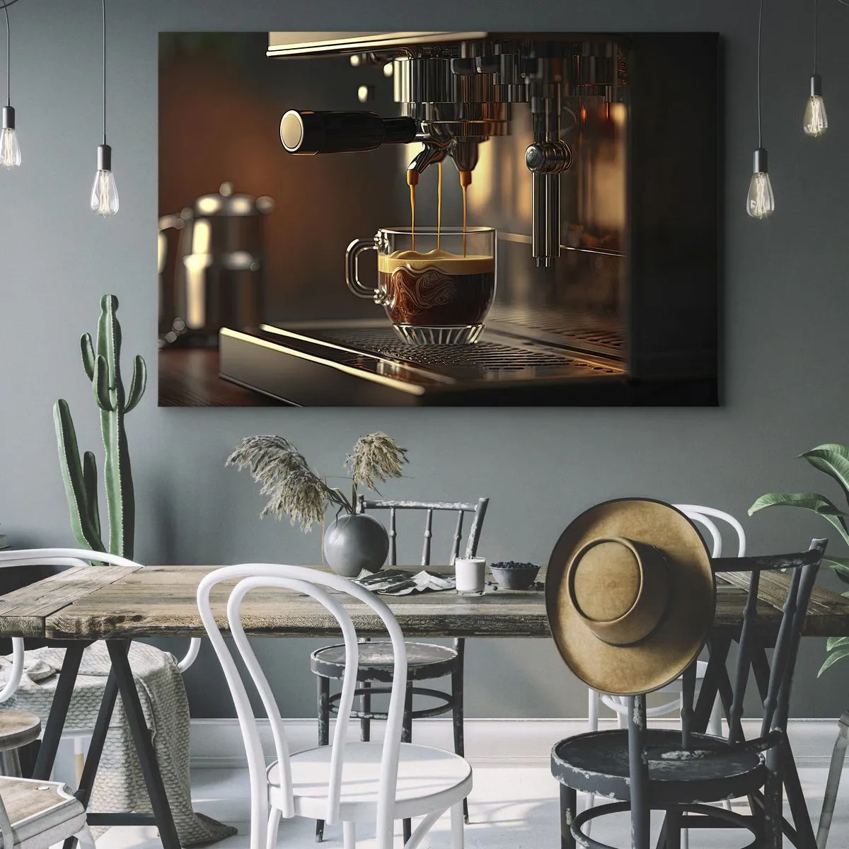 Lærredstryk - Billede på lærred - Kaffemaskine med en kop aromatisk espresso - 70x50cm - En sensuel blanding - Moderne vægdekoration til stue og soveværelse ARTTOR