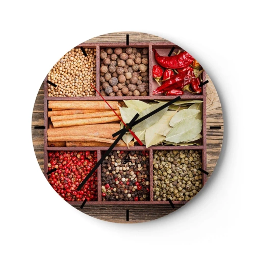 Vægur, Uret - Krydderier i trærum - 30x30cm - Orden af former, duftbuket af aromaer - Moderne vægdekoration til stue, køkken og soveværelse ARTTOR