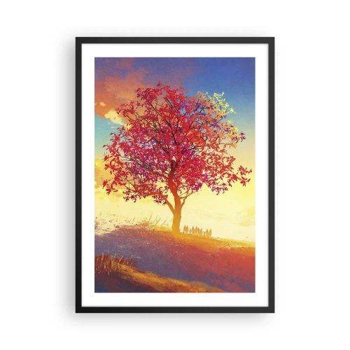 Plakat i sort ramme - Et træ med røde blade mod baggrunden af den nedgående sol - 50x70cm - Pilgrim på bestemmelsesstedet - Moderne vægdekoration til stue og soveværelse ARTTOR
