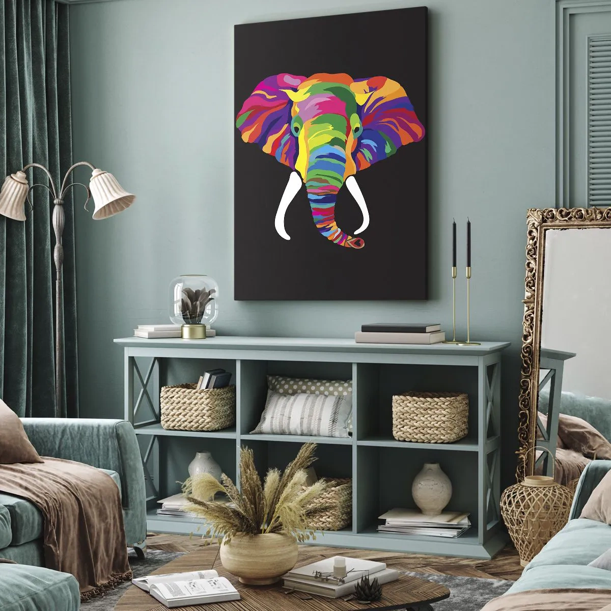 Lærredstryk - Billede på lærred - Elefanten, der elskede at bade i regnbuen - 50x70 cm