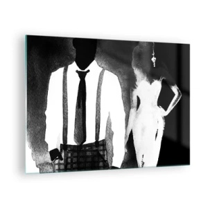 Billede på glas - Sort og hvid silhuet af et elegant noir-par - 70x50cm - I en noir-atmosfære - Moderne vægdekoration til stue og soveværelse ARTTOR