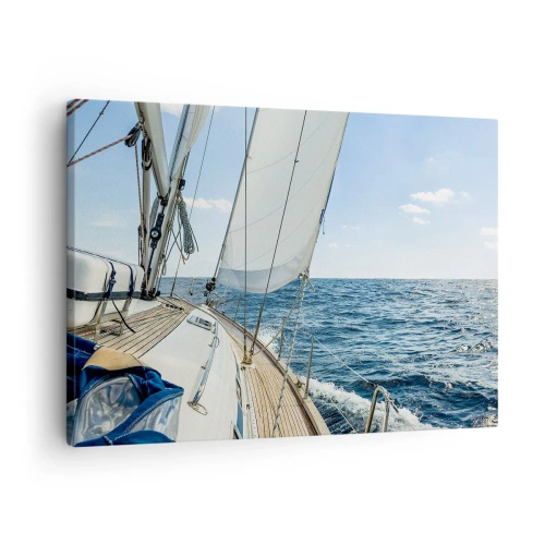Lærredstryk - Billede på lærred - En sejlbåd på et roligt hav under en blå himmel - 70x50cm - Ahoj , eventyr - Moderne vægdekoration til stue og soveværelse ARTTOR