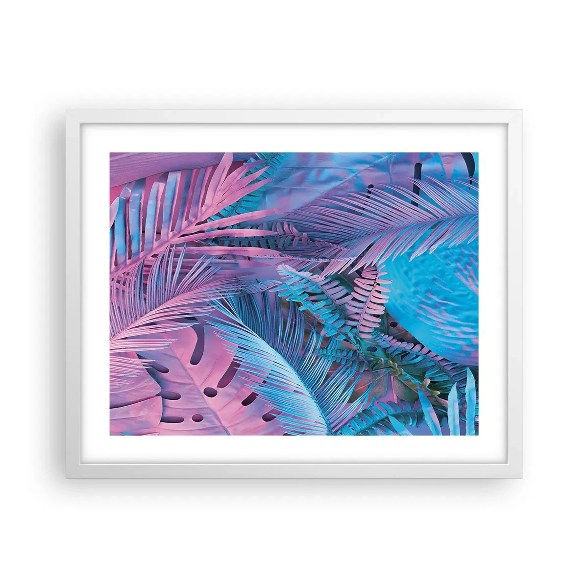 Plakat i hvid ramme - Troperne i lyserød og blå - 50x40 cm