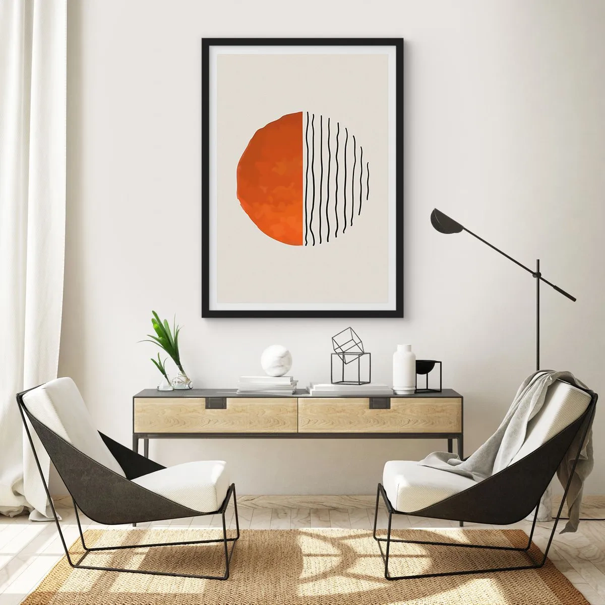 Plakat i sort ramme - Abstrakt cirkel med orange og lineær halvdel - 50x70cm - I en japansk atmosfære - Moderne vægdekoration til stue og soveværelse ARTTOR