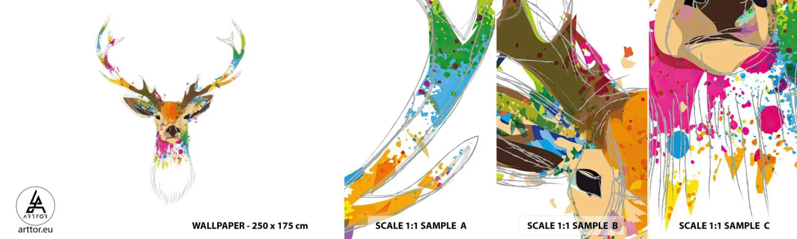Prøve Fototapet Selvklæbende Deluxe Sticker - Blid kronhjort badet i farver - Abstraktion, Dyr, Hjort - 100x30 cm