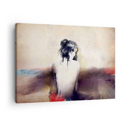 Lærredstryk - Billede på lærred - Et diskret portræt af en kvinde i kunstnerisk stil - 70x50cm - Glatte linjer, ovale former - Moderne vægdekoration til stue og soveværelse ARTTOR