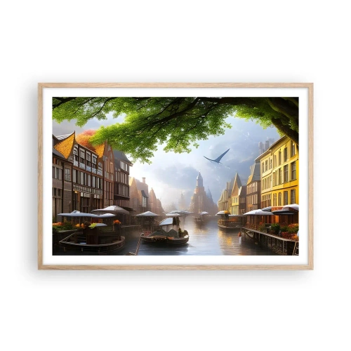 Plakat i ramme af lyst egetræ - Hollandsk bybillede - 91x61 cm