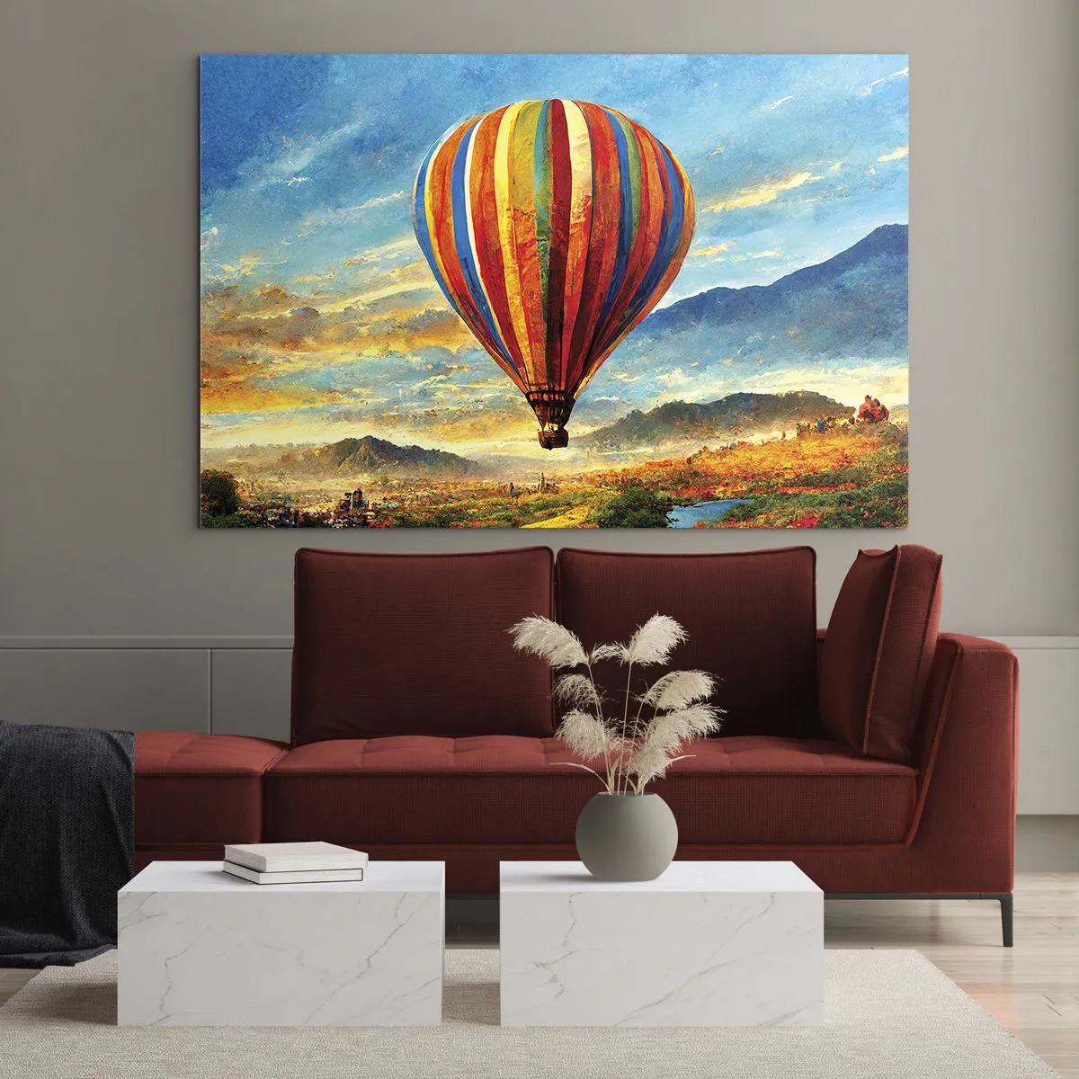 Billede på glas - En farverig ballon, der svæver over et bjerglandskab - 70x50cm - I stilhed kan du se mere - Moderne vægdekoration til stue og soveværelse ARTTOR