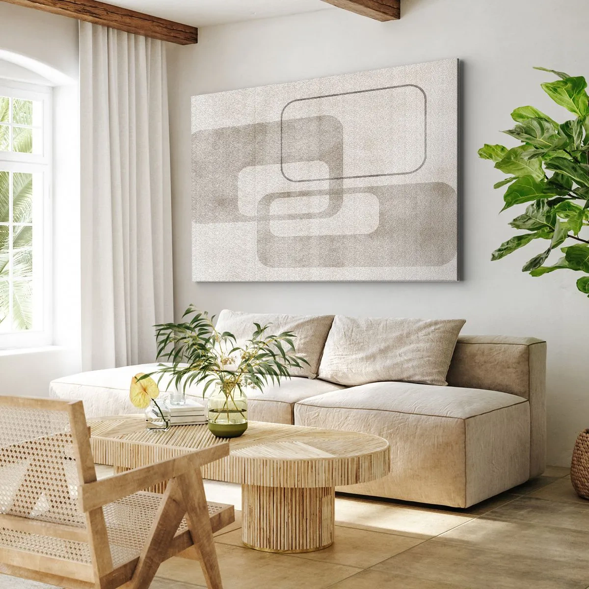 Lærredstryk - Billede på lærred - En minimalistisk komposition med rektangler i beige nuancer på en diskret baggrund. - 70x50cm - Geometrisk fuga - Moderne vægdekoration til stue og soveværelse ARTTOR