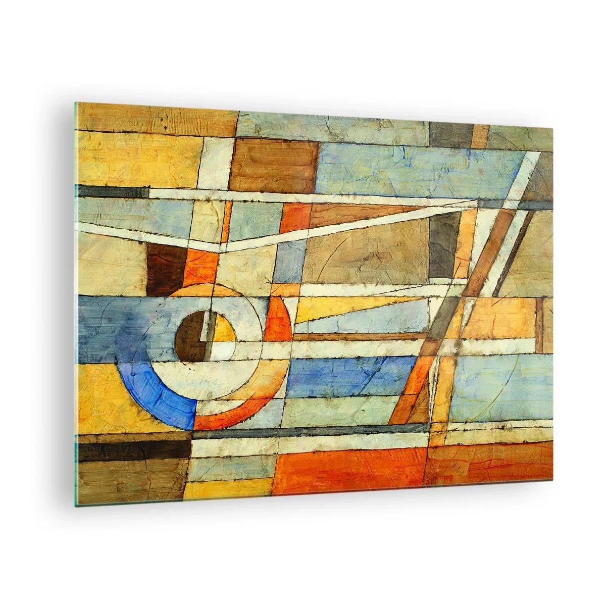 Billede på glas - En abstrakt komposition med geometriske mønstre og varme farver. - 70x50cm - Kubisme på en byggeplads - Moderne vægdekoration til stue og soveværelse ARTTOR