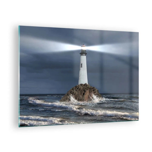 Billede på glas - Et fyrtårn på en klippe midt i de barske bølger om natten - 70x50cm - Her...her...her! - Moderne vægdekoration til stue og soveværelse ARTTOR