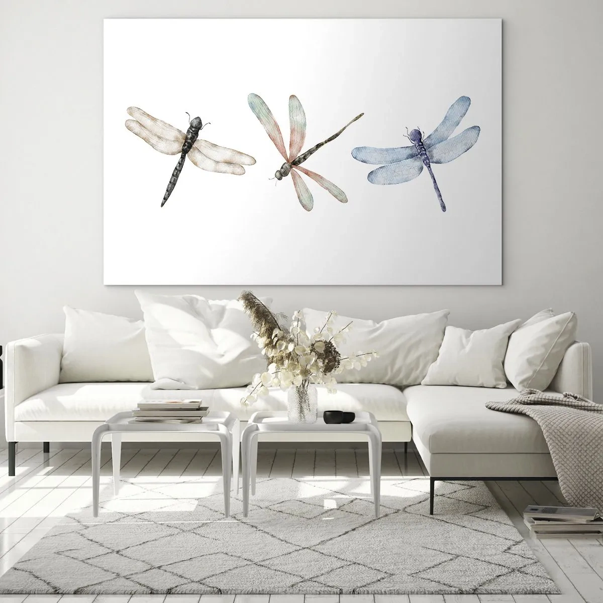 Billede på glas - Tre farverige guldsmede på en hvid baggrund i en delikat akvarelstil - 70x50cm - Vægtløse guldsmede - Moderne vægdekoration til stue og soveværelse ARTTOR