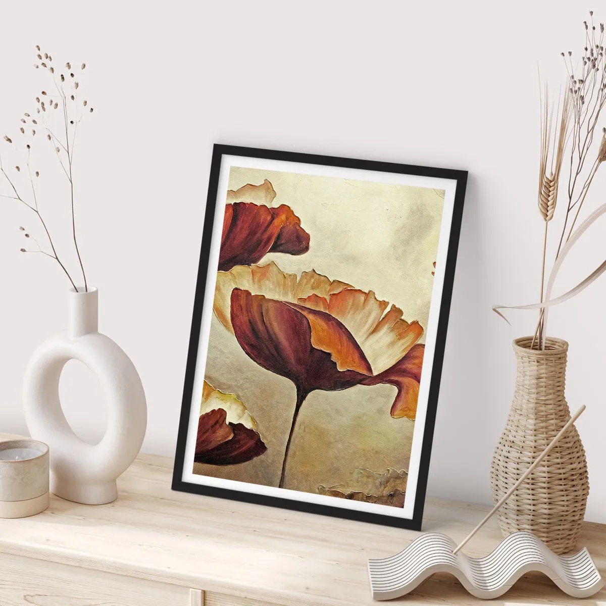 Plakat i sort ramme - Et billede af valmuer i varme nuancer - 50x70cm - Marker - Moderne vægdekoration til stue og soveværelse ARTTOR