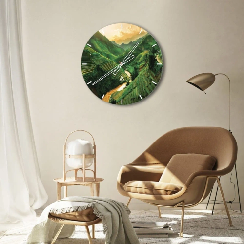 Vægur, Uret - Risterrasser blandt bjergene ved solnedgang - 30x30cm - Vietnamesisk dal - Moderne vægdekoration til stue, køkken og soveværelse ARTTOR