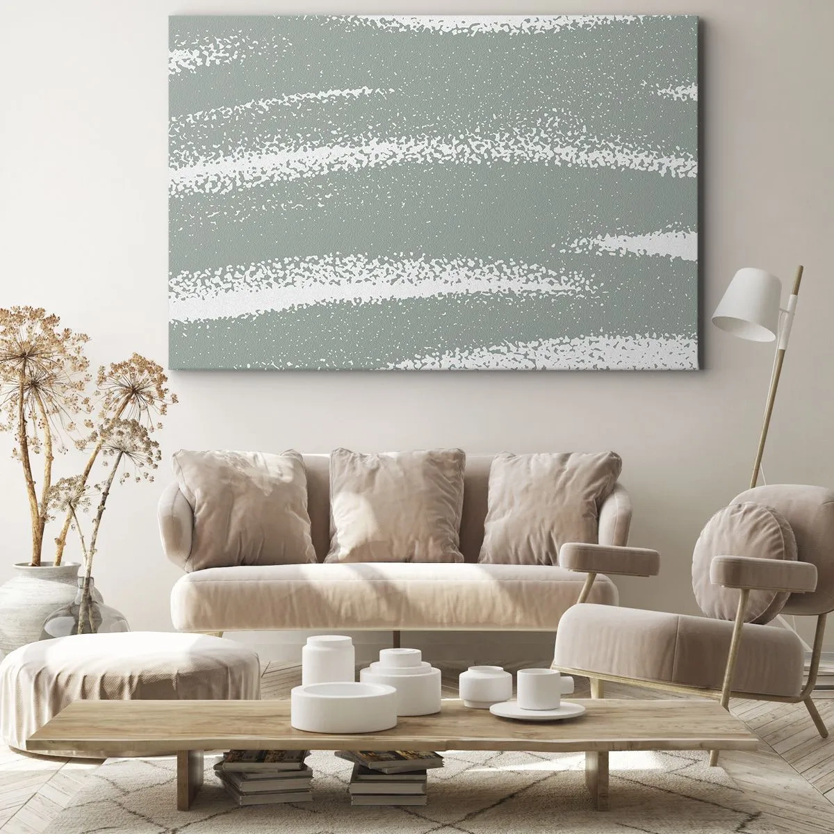 Lærredstryk - Billede på lærred - Vinterbølger i nuancer af mint og hvid - 70x50cm - Abstraktion i vinterstemning - Moderne vægdekoration til stue og soveværelse ARTTOR