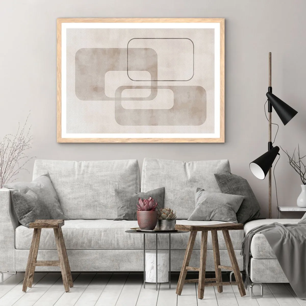 Plakat i ramme af lyst egetræ - Geometrisk fuga - 50x40 cm