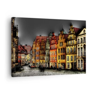 Lærredstryk - Billede på lærred - Farverige lejlighedshuse på en brostensbelagt gade i den historiske by - 70x50cm - Det eneste, der mangler, er en fortryllet hestevogn - Moderne vægdekoration til stue og soveværelse ARTTOR