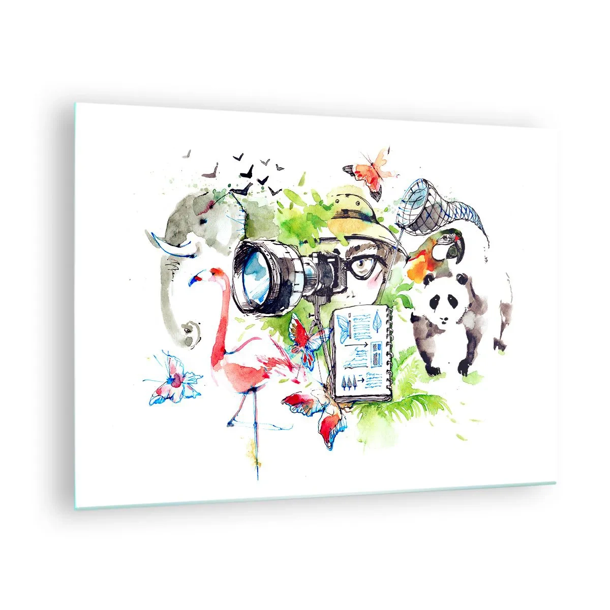 Billede på glas - Illustration af en fotograf med et kamera og dyr - 70x50cm - Gennem en rejsendes linse - Moderne vægdekoration til stue og soveværelse ARTTOR