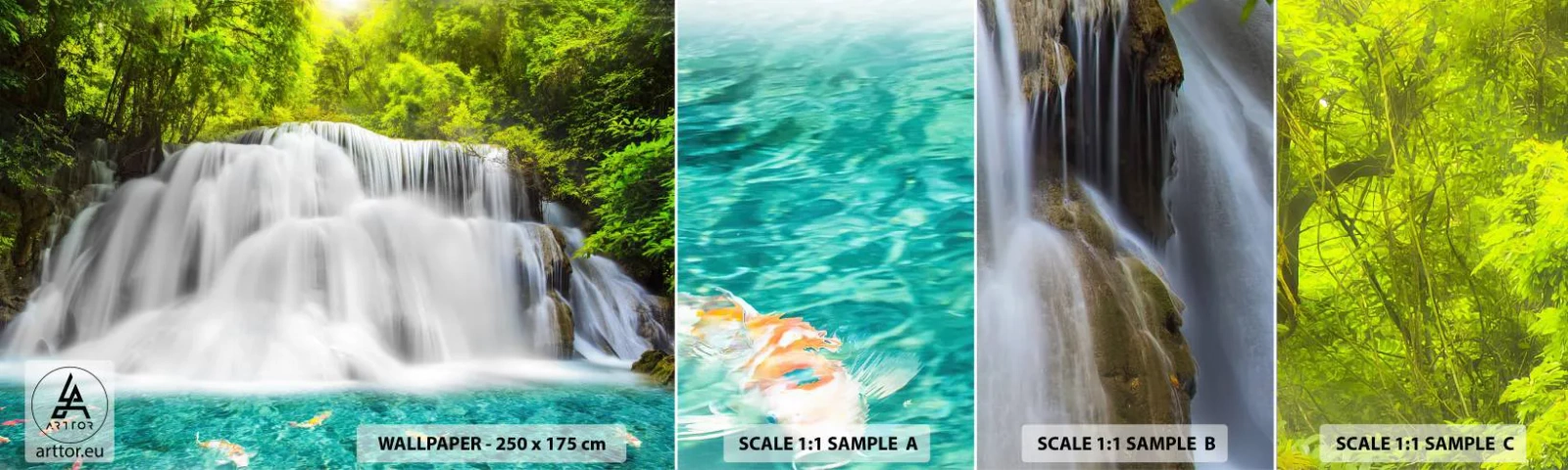 Prøve Fototapet Selvklæbende Deluxe Sticker - En skummende kaskade fra grøn til azurblå - Landskab, Vandfald, Nationalpark - 100x30 cm