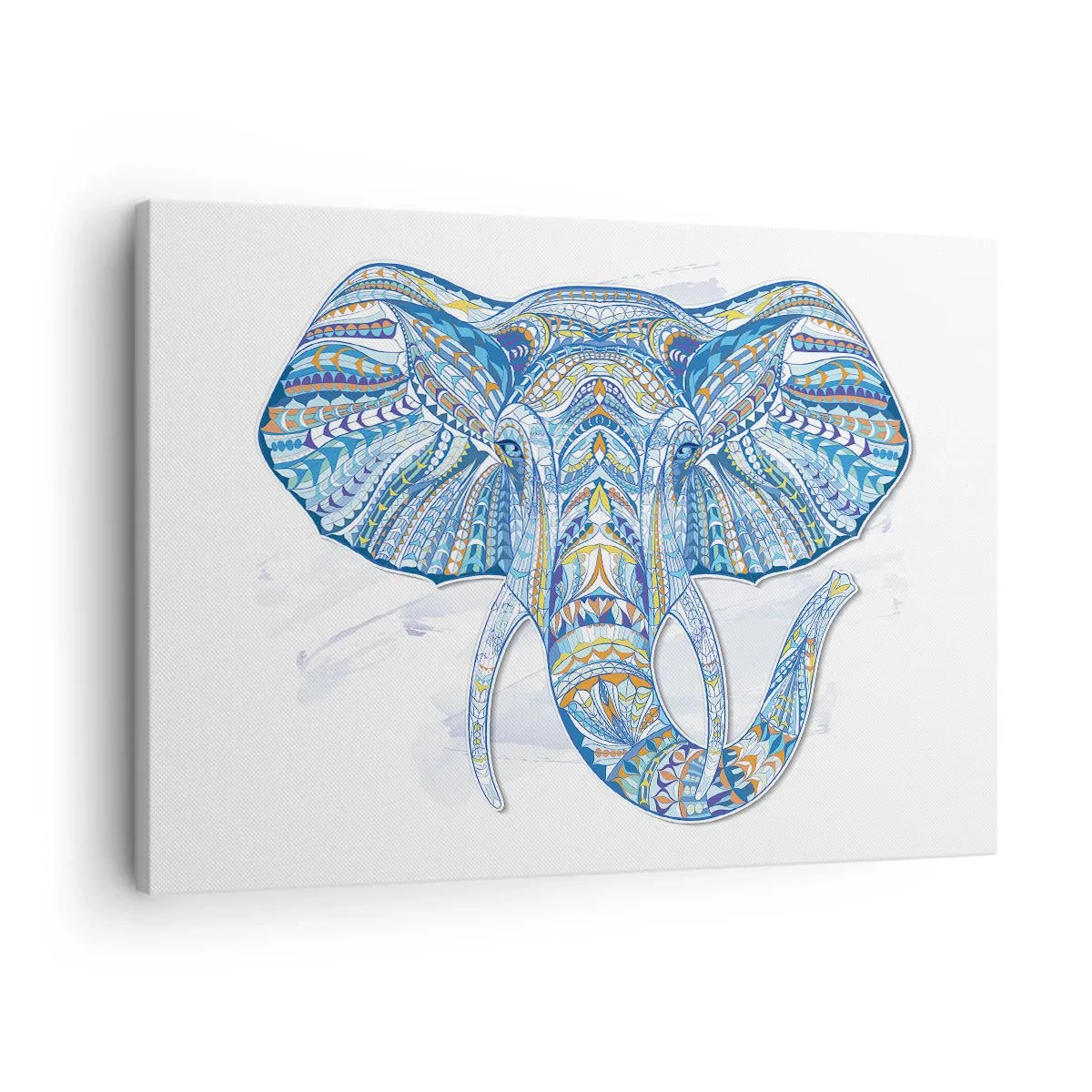 Lærredstryk - Billede på lærred - Geometrisk elefant i nuancer af blå og guld - 70x50cm - Indlagt med guld og blå - Moderne vægdekoration til stue og soveværelse ARTTOR