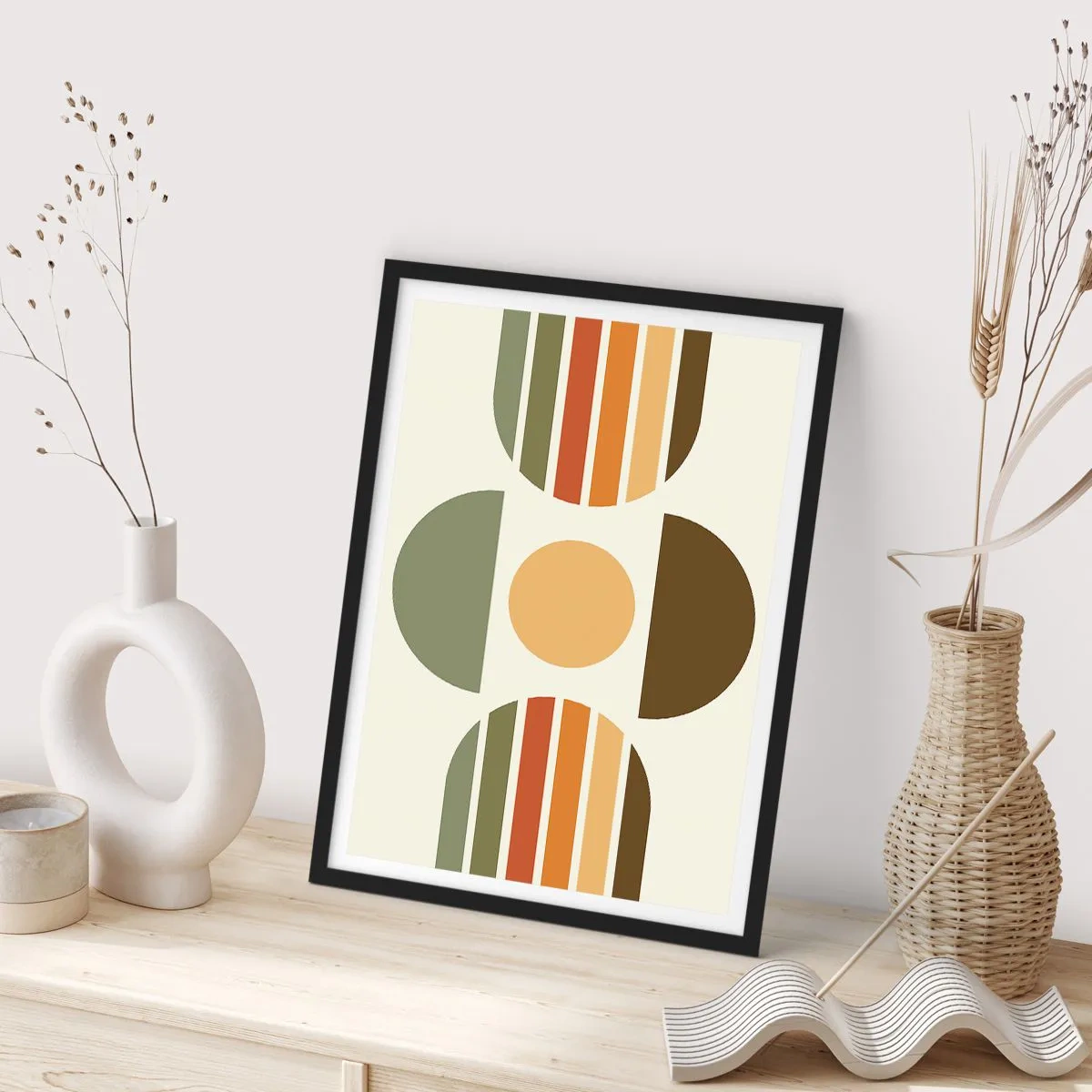 Plakat i sort ramme - Abstrakt geometrisk mønster i jordfarver med cirkler og halvcirkler - 50x70cm - I jordfarver - Moderne vægdekoration til stue og soveværelse ARTTOR
