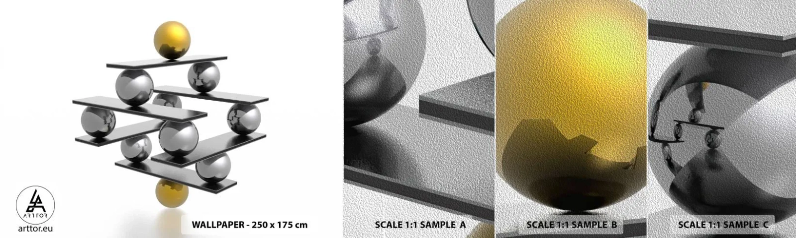 Prøve Fototapet Premium Sand - Guld-sølv-balancen - Abstraktion, Metal bolde, 3D - 100x30 cm