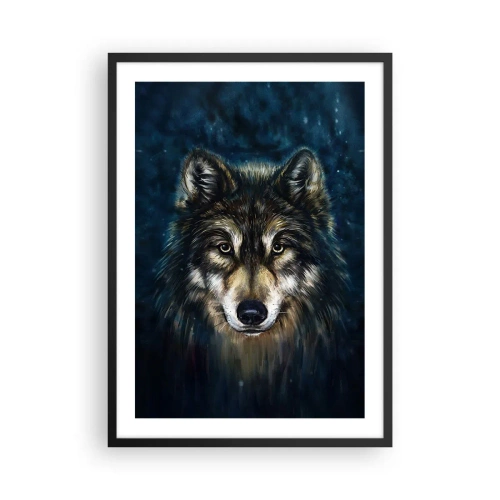 Plakat i sort ramme - Portræt af en ulv i en mørk, kunstnerisk tone - 50x70cm - Alfa? Og omega - Moderne vægdekoration til stue og soveværelse ARTTOR