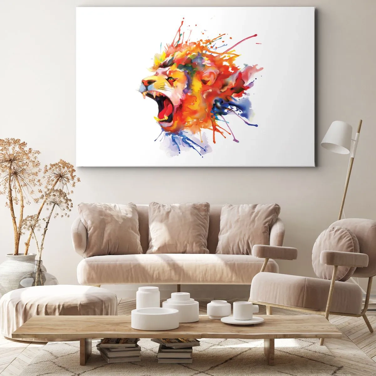 Lærredstryk - Billede på lærred - Farverigt portræt af en løve i dynamisk stil - 70x50cm - Eksplodere med vrede  - Moderne vægdekoration til stue og soveværelse ARTTOR