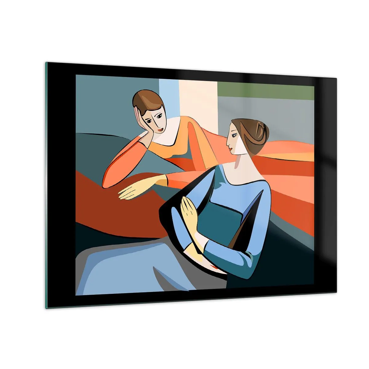 Billede på glas - En geometrisk scene af en samtale mellem to kvinder mod en baggrund af et interiør. - 70x50cm - Et øjeblik af fortrolighed - Moderne vægdekoration til stue og soveværelse ARTTOR