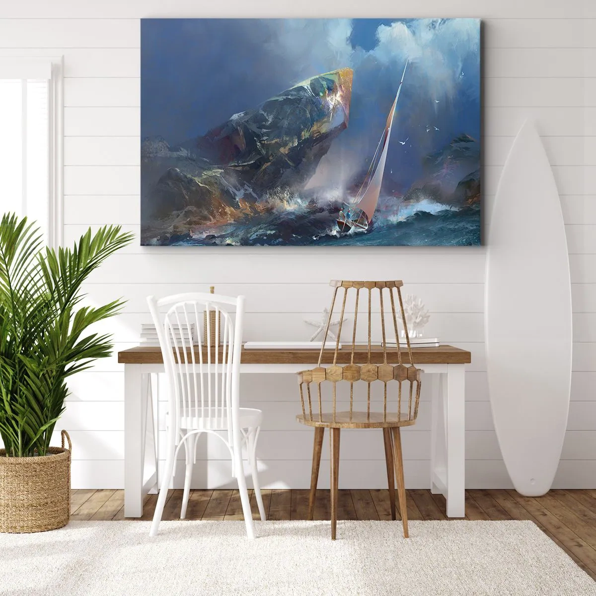 Lærredstryk - Billede på lærred - En sejlbåd i storm ved foden af en massiv klippe - 70x50cm - Den, der vover, vinder - Moderne vægdekoration til stue og soveværelse ARTTOR
