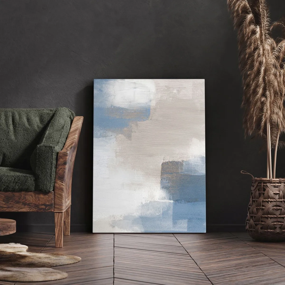 Lærredstryk - Billede på lærred - Lyserød abstraktion bag et slør af blåt - 50x70 cm