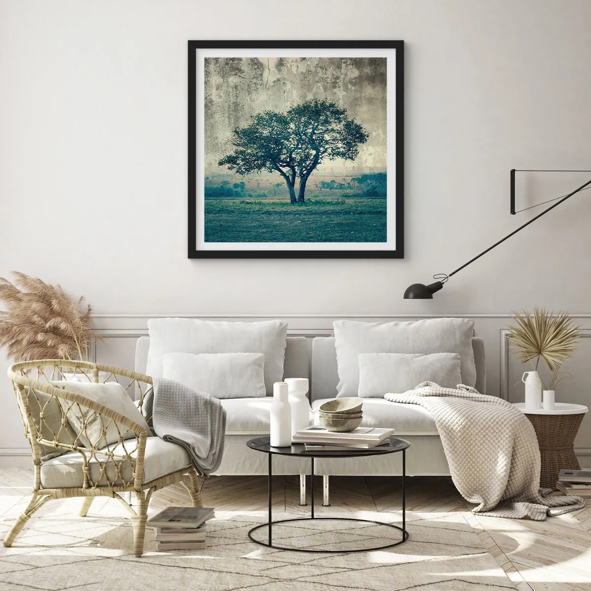 Plakat i sort ramme - Et æbletræ på en blå membran? - 60x60 cm