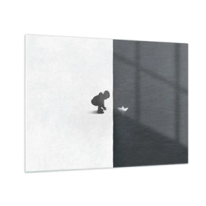 Billede på glas - Silhuet af et barn, der søsætter en papirbåd i vandet - 70x50cm - Stor ekspedition - Moderne vægdekoration til stue og soveværelse ARTTOR