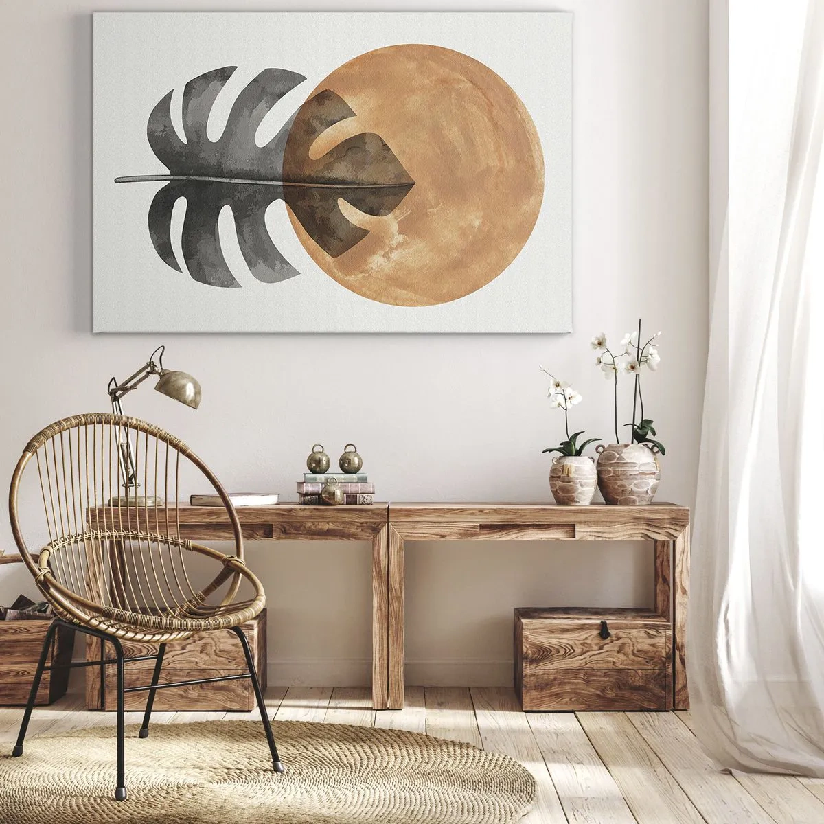 Lærredstryk - Billede på lærred - Monsterablad og guldcirkel på en lys baggrund - 70x50cm - Altid solen - Moderne vægdekoration til stue og soveværelse ARTTOR