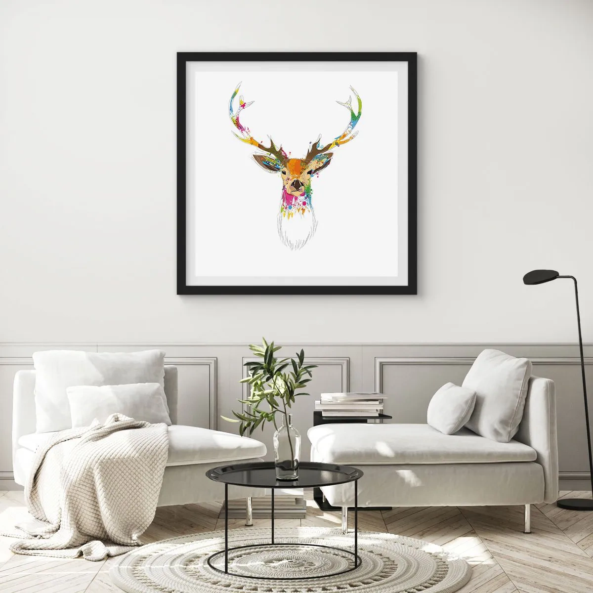 Plakat i sort ramme - Blid kronhjort badet i farver - 30x30 cm