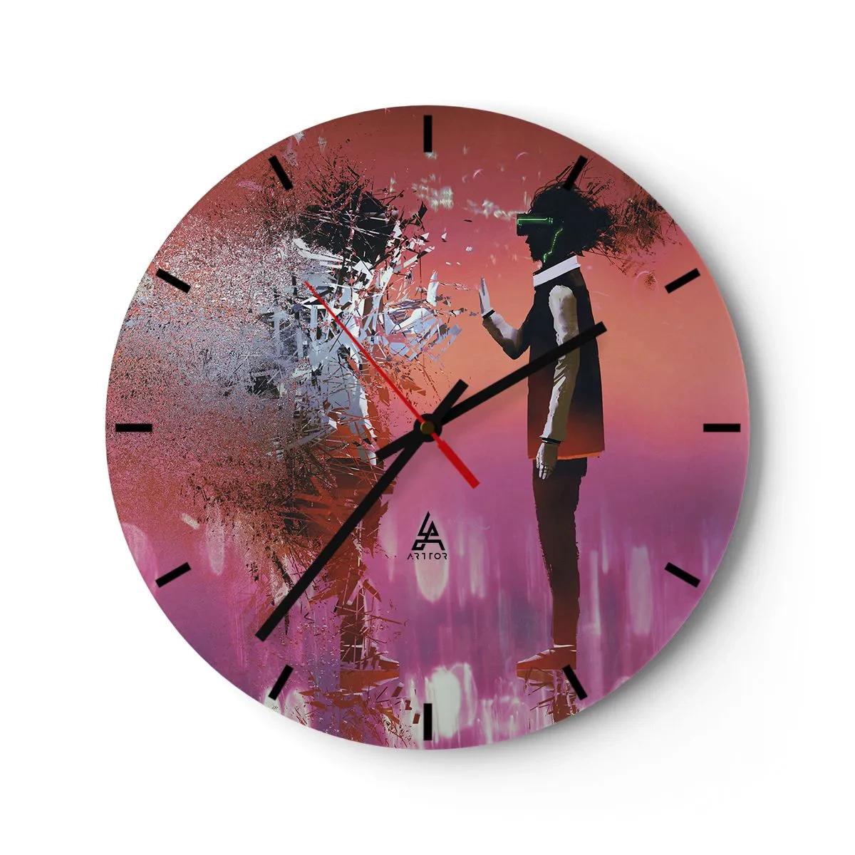 Vægur, Uret - En figur med VR-briller i en futuristisk, lyserød verden - 30x30cm - Er det muligt at se ind i sig selv? - Moderne vægdekoration til stue, køkken og soveværelse ARTTOR