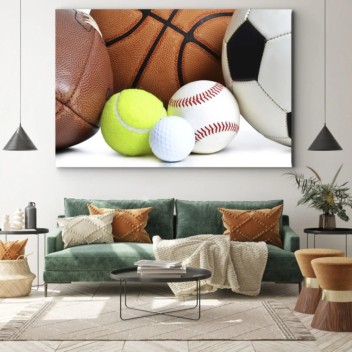 Lærredstryk - Billede på lærred - Bolde fra forskellige sportsdiscipliner - 70x50cm - Forbindelse med bolden! - Moderne vægdekoration til stue og soveværelse ARTTOR
