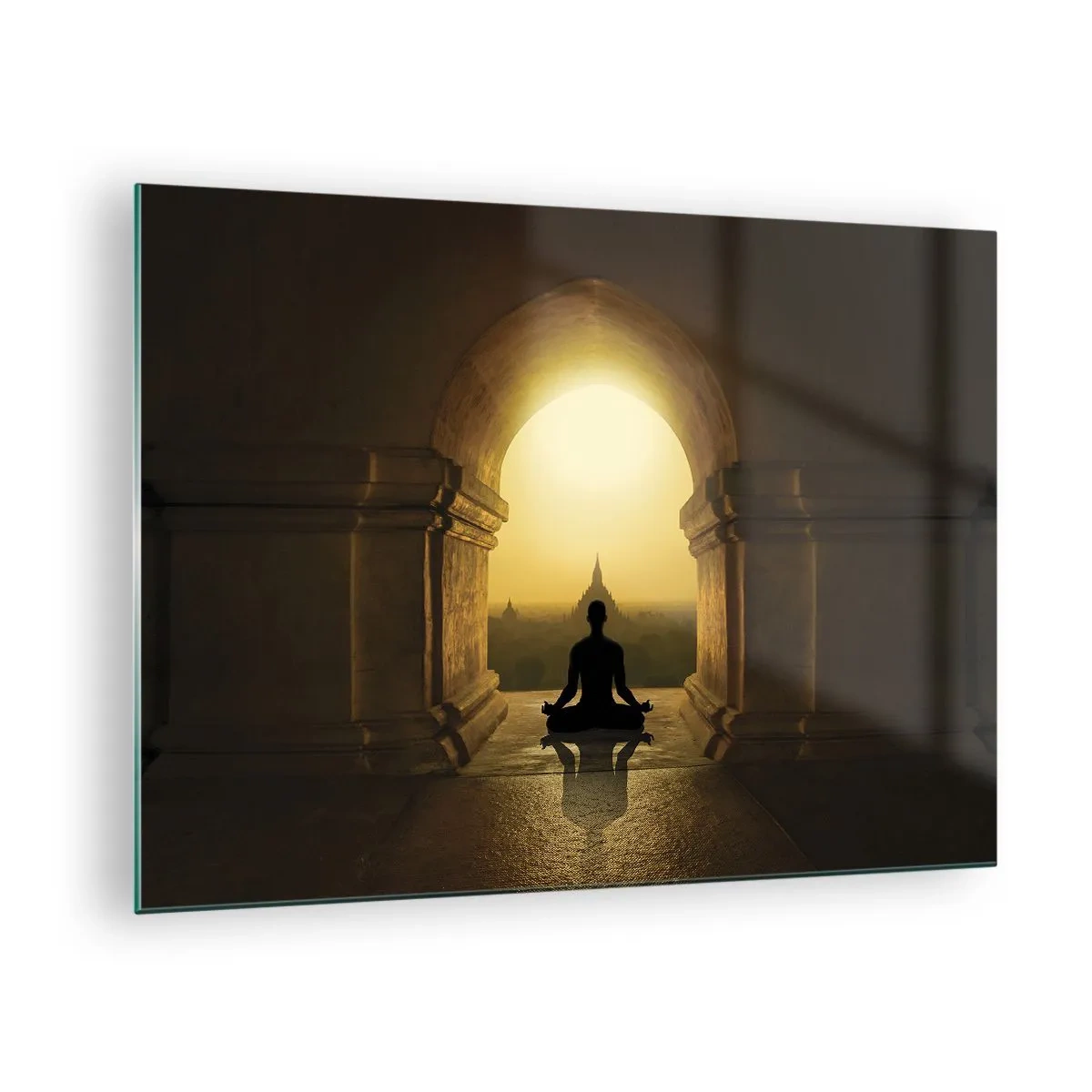 Billede på glas - Silhuet af en mediterende person i lyset af den nedgående sol i en arkitektonisk bue - 70x50cm - Fuldkommen harmoni - Moderne vægdekoration til stue og soveværelse ARTTOR