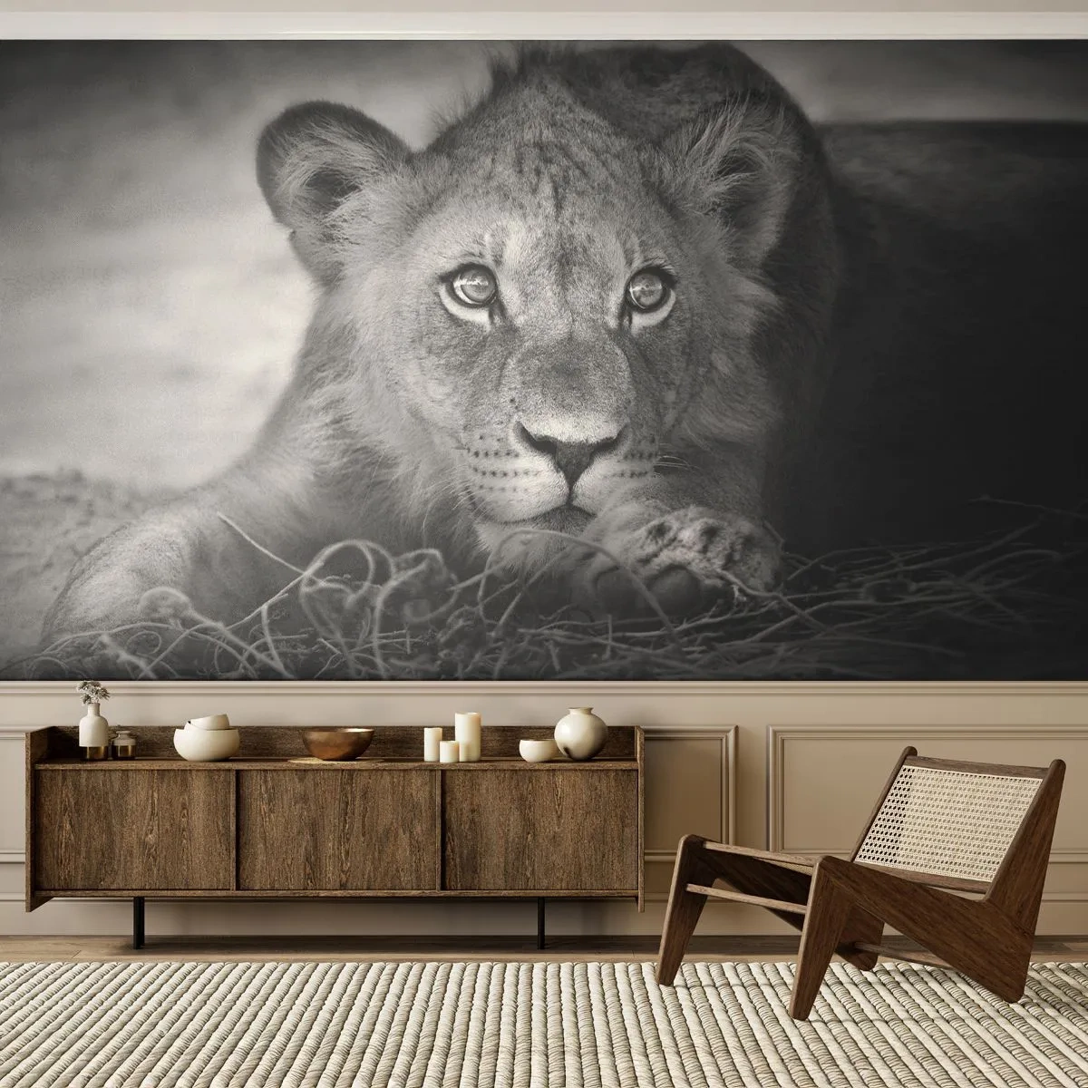 Fototapet Premium Canvas - Kongelig hvalp - Dyr, Løve, Sort og hvid - 250x175 cm
